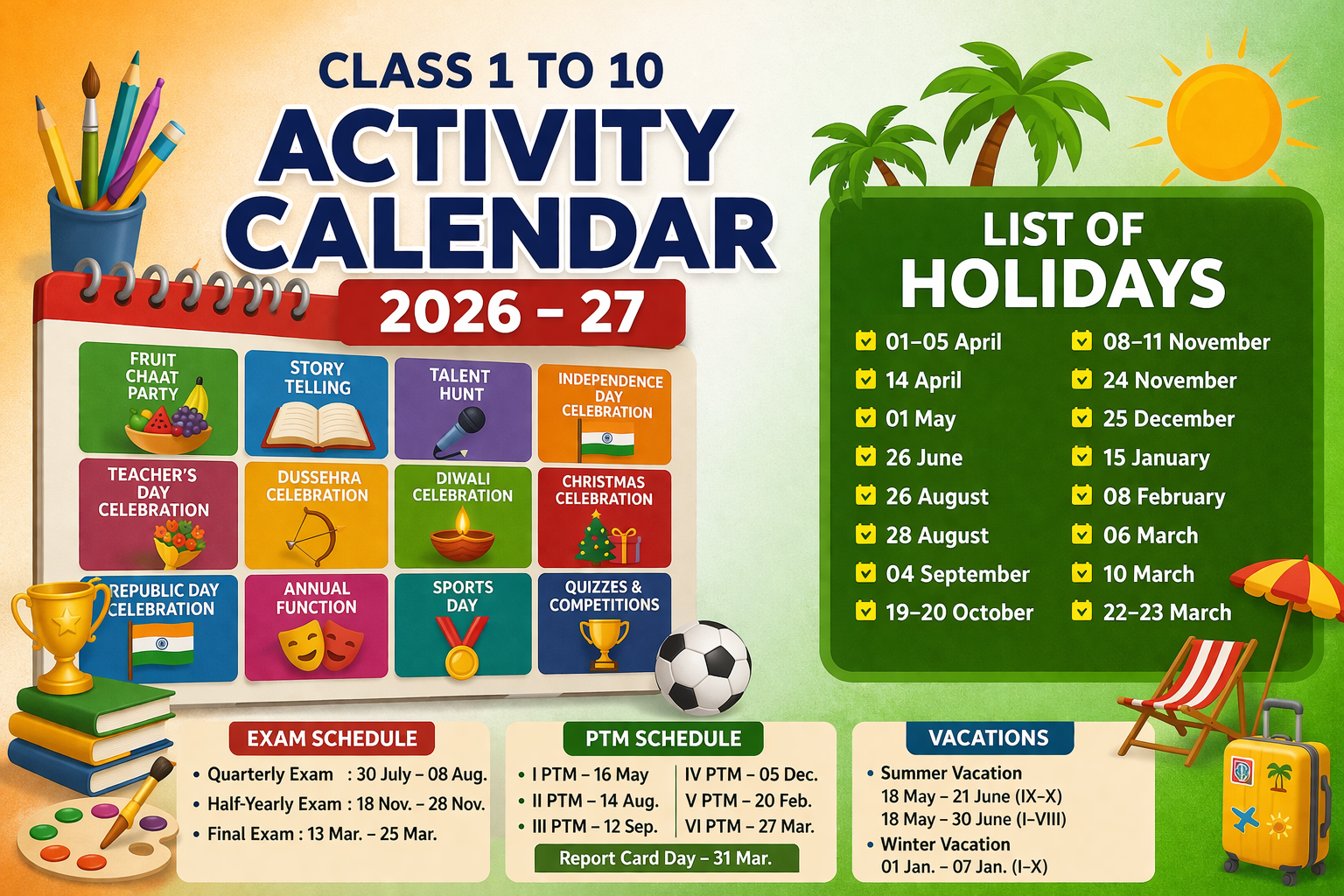 📅 Activity Calendar for Class I to X (2026–27)